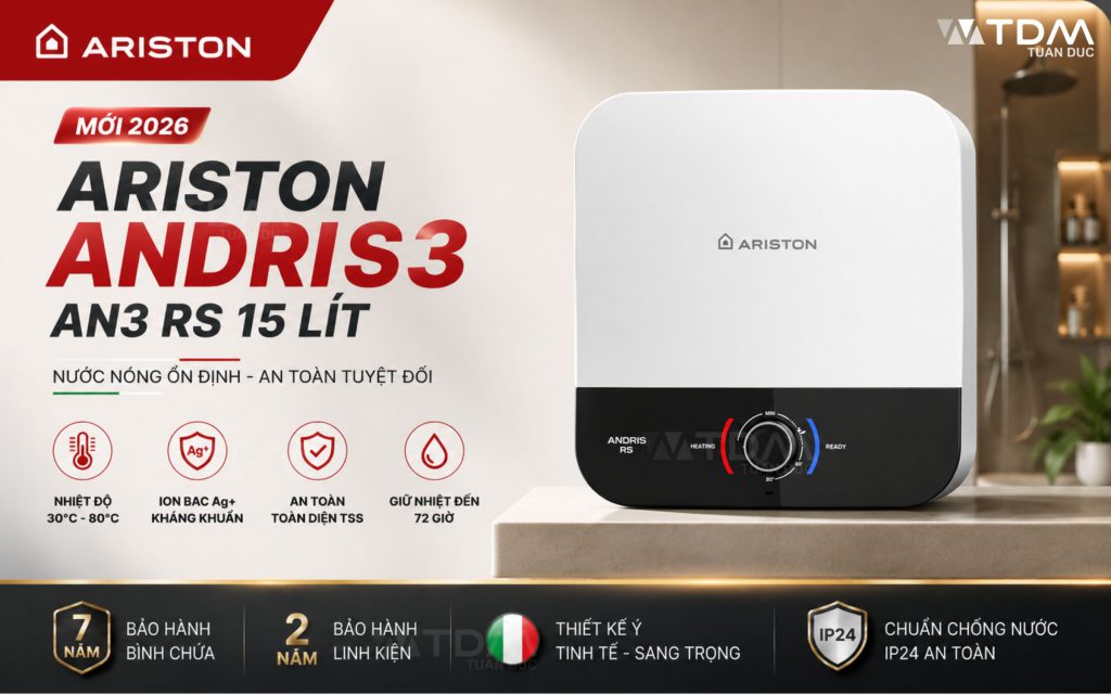 Máy nước nóng gián tiếp Ariston Andris3 An3 RS 15 Lít mới ra mắt 2026 tại TDM