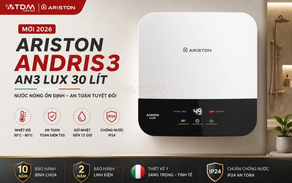 Máy nước nóng gián tiếp Ariston Andris3 An3 LŨ 30L mới nhất 2026 tại TDM Tuấn Đức