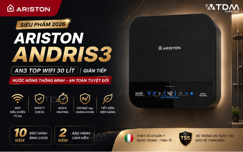 Máy nước nóng gián tiếp Ariston Andris3 An3 TOP WIFI 30 Lít mới ra mắt 2026 tại TDM