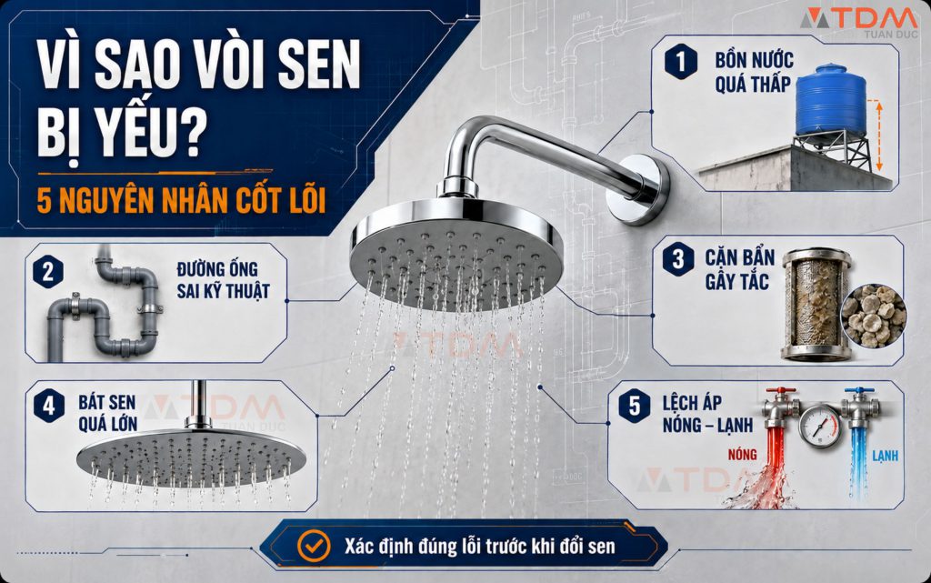 5 nguyên nhân cốt lõi khiến vòi sen bị yếu?