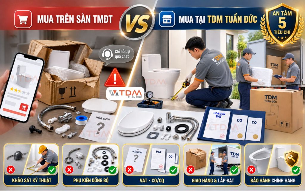 So sánh mua thiết bị vệ sinh trên sàn thương mại điện tử và mua thiết bị vệ sinh tại TDM Tuấn Đức