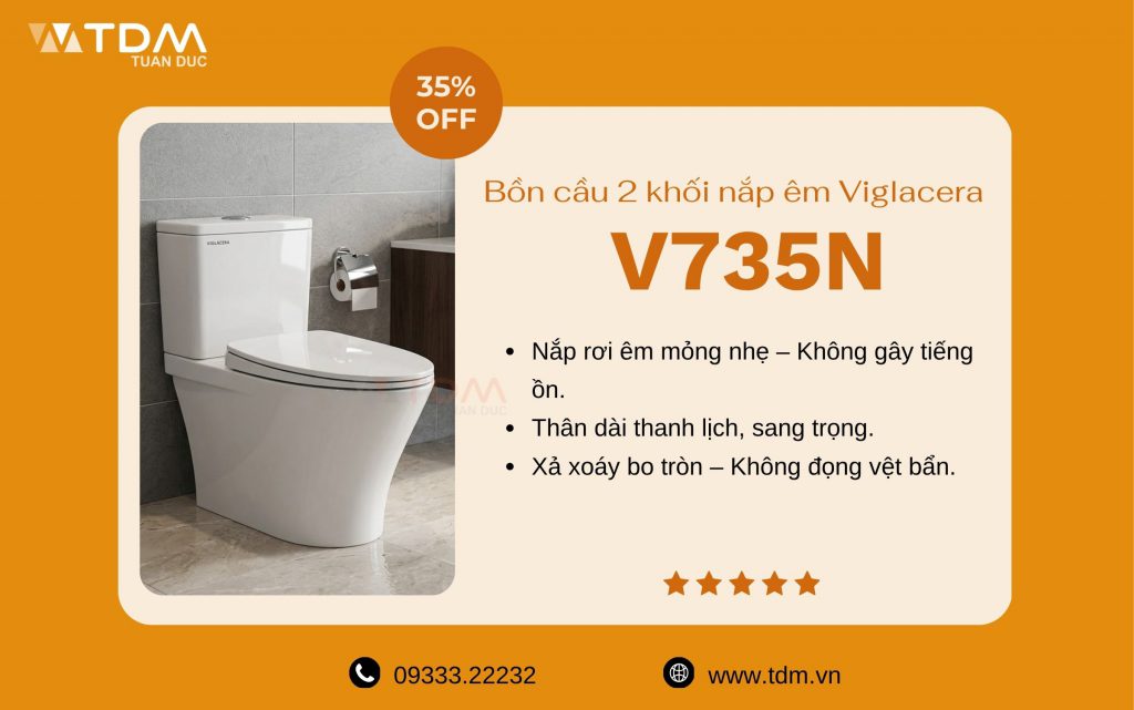 Bàn cầu 2 khối nắp êm Viglacera V735N mới nhất 2026 tại TDM Tuấn Đức
