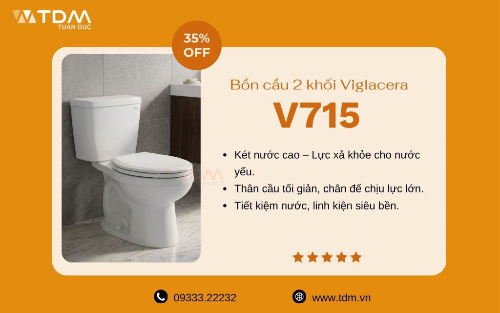 Bàn cầu 2 khối Viglacera V715 mới nhất 2026 tại TDM Tuấn Đức