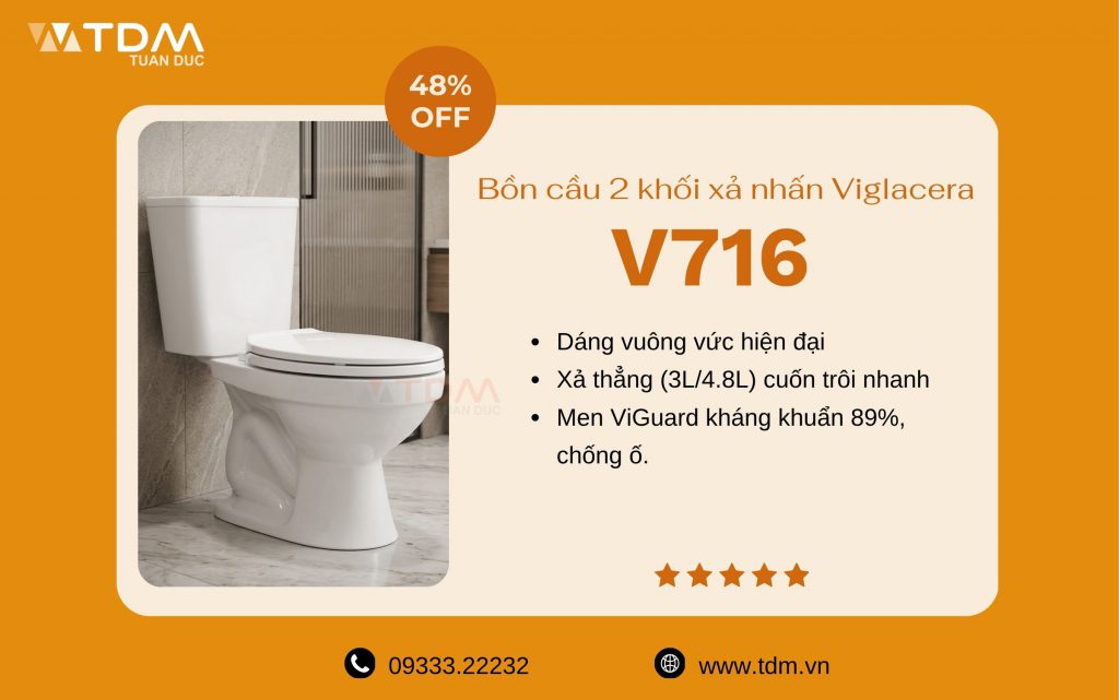 Bồn cầu 2 khối Viglacera V716 mới nhất 2026 tại TDM Tuấn Đức