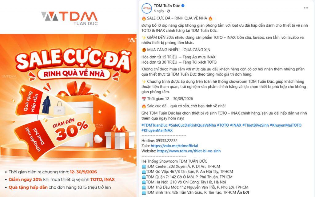 Khuyến mãi thiết bị vệ sinh TOTO - INAX cực sốc lên đến 30% kèm quà tặng áo mưa túi xách