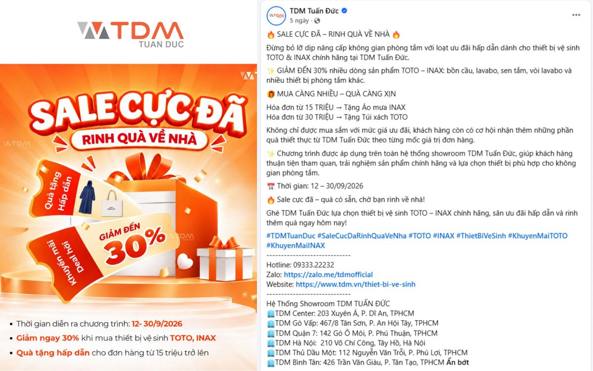 Khuyến mãi thiết bị vệ sinh TOTO – INAX tháng 9/2026 tại TDM Tuấn Đức: Giảm lên đến 30%, nhận quà tặng liền tay thiết thực