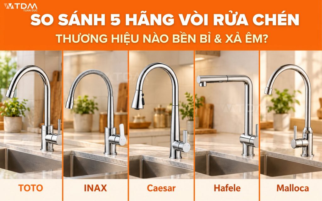 So sánh 5 thương hiệu vòi rửa chén TOTO-INAX-Caesar-Hafele-Malloca tại TDM Tuấn Đức
