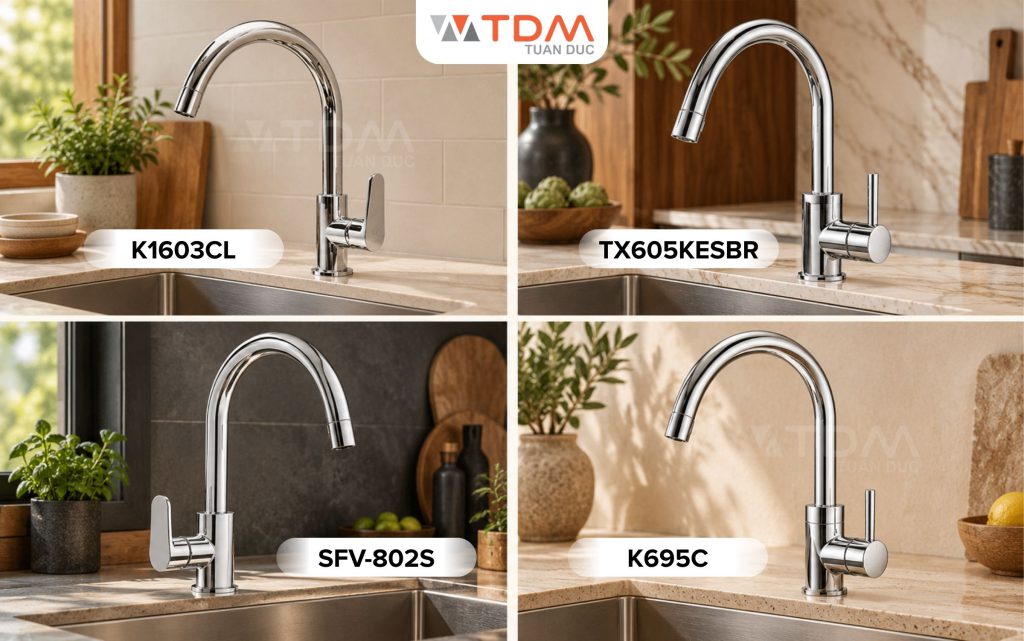 Vòi rửa chén cố định truyền thống thân vòi đồng thau hoặc inox tại TDM Tuấn Đức