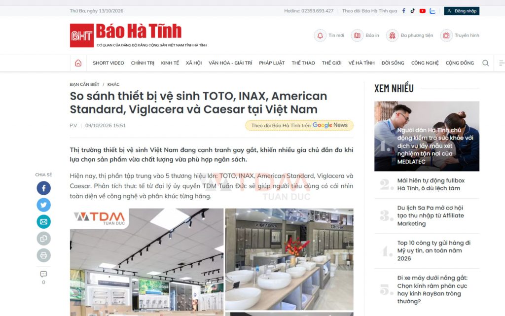 Báo Hà Tĩnh đưa tin chuyên gia TDM Tuấn Đức so sánh 5 thương hiệu thiết bị vệ sinh lớn tại Việt Nam