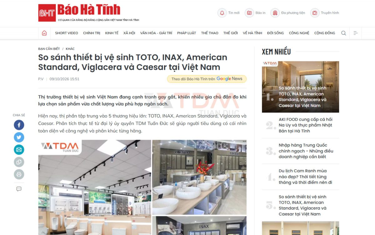 So sánh 5 thương hiệu thiết bị vệ sinh INAX, TOTO, American Standard, Viglacera, Caesar: Nên chọn hãng nào 2026?
