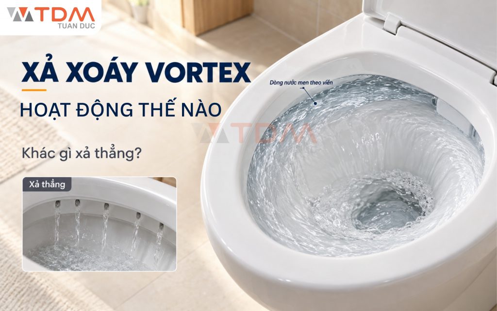 Dòng nước xả xoáy xoay tròn 360 độ của công nghệ xả Vortex trên bồn cầu INAX