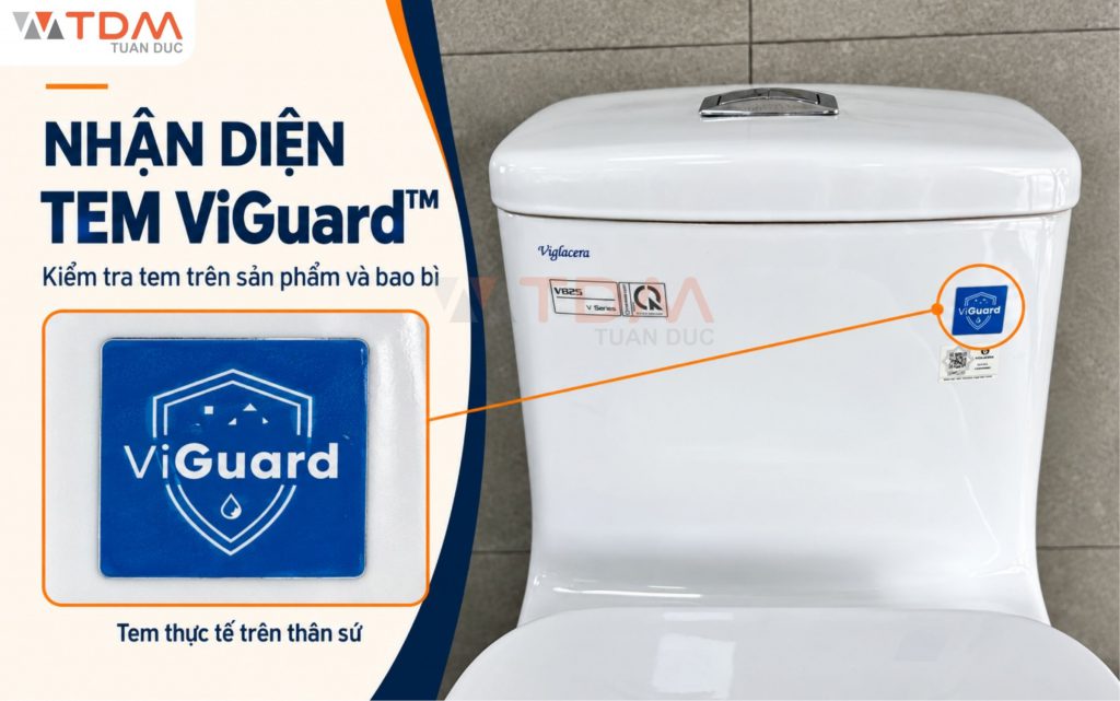 Tem dán nhận diện men sứ kháng khuẩn ViGuard trên thân sứ vệ sinh