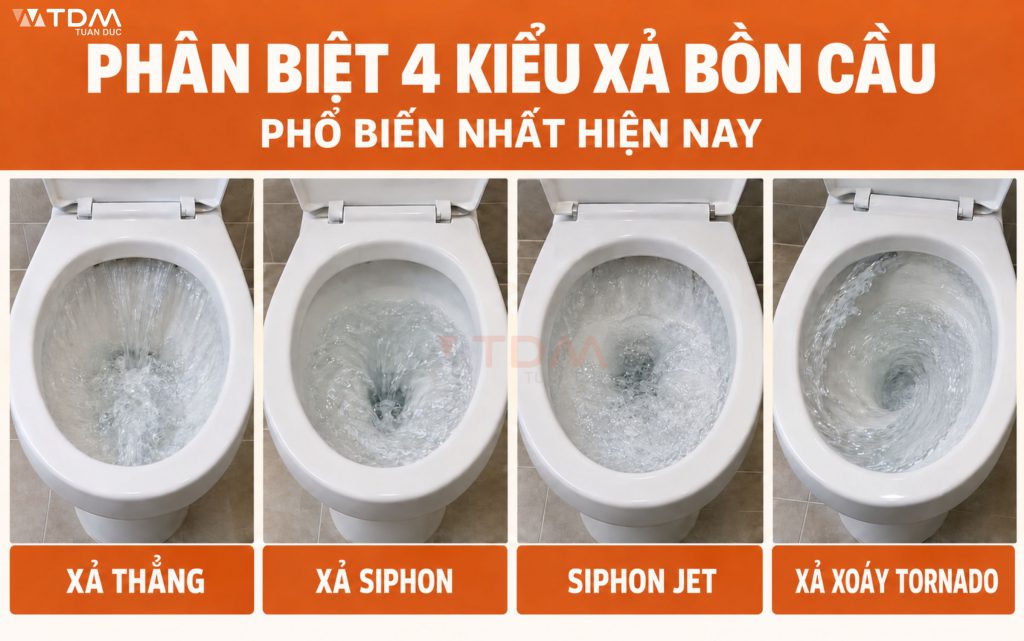 Phân biệt các kiểu xả bồn cầu phổ biến Xả thẳng - Xả Siphon - Xả Siphone Jet - Xả Tornado