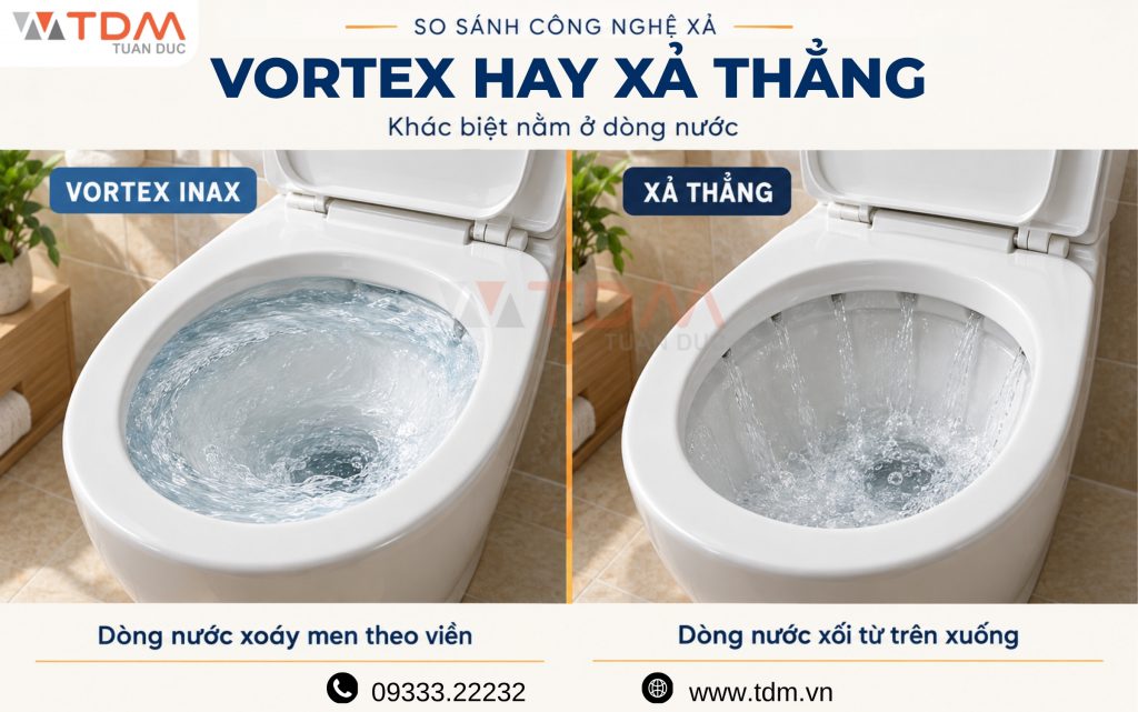 So sánh xả xoáy Vortex so với xả thẳng bồn cầu truyền thống